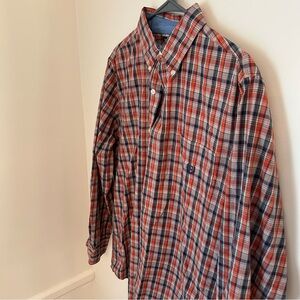 Men’s Chaps Long‎ Sleeve Button Down Orange Blue Oxford Shirt Plaid Size Large